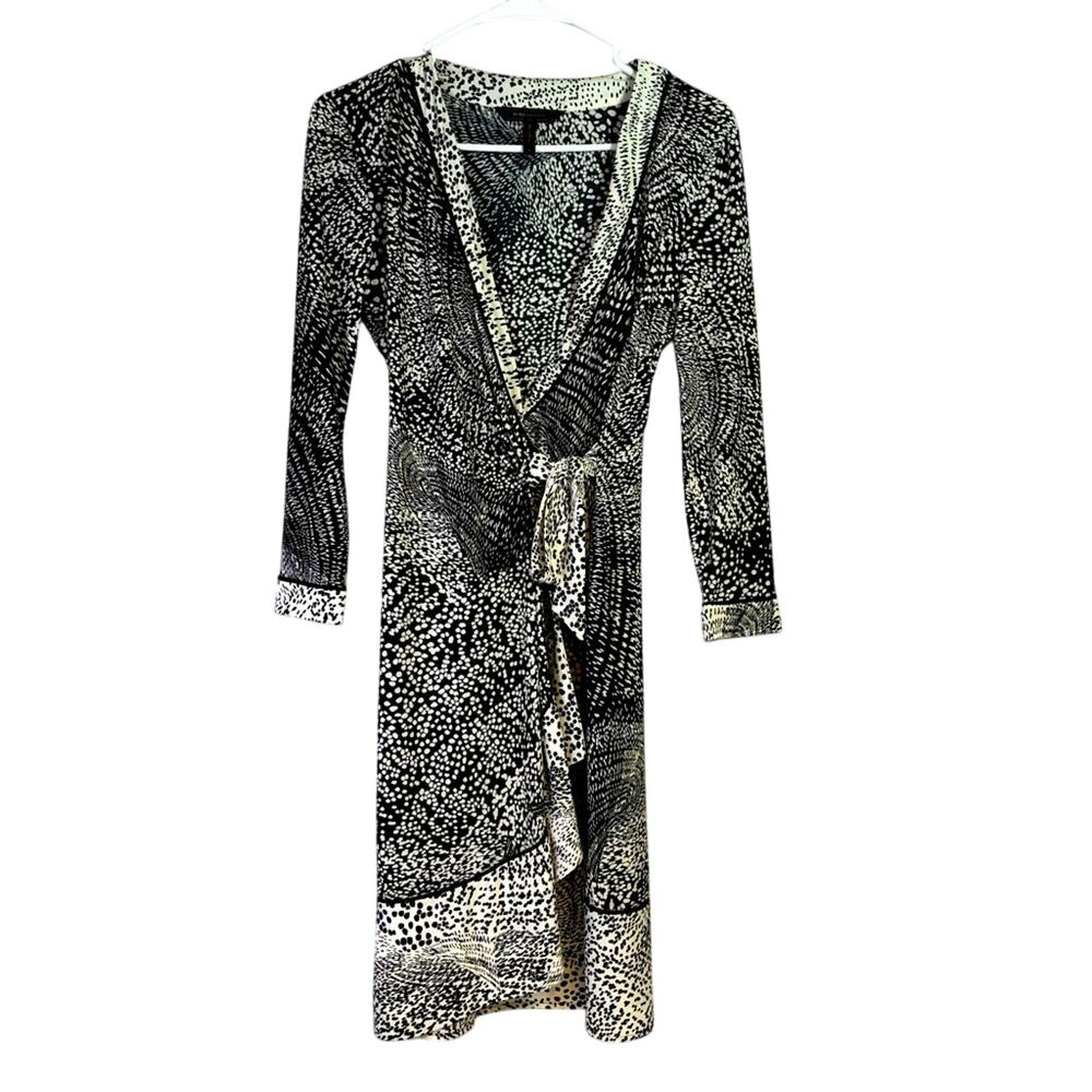 BCBGMaxAzria Black and White Abstract Wrap Midi Dress